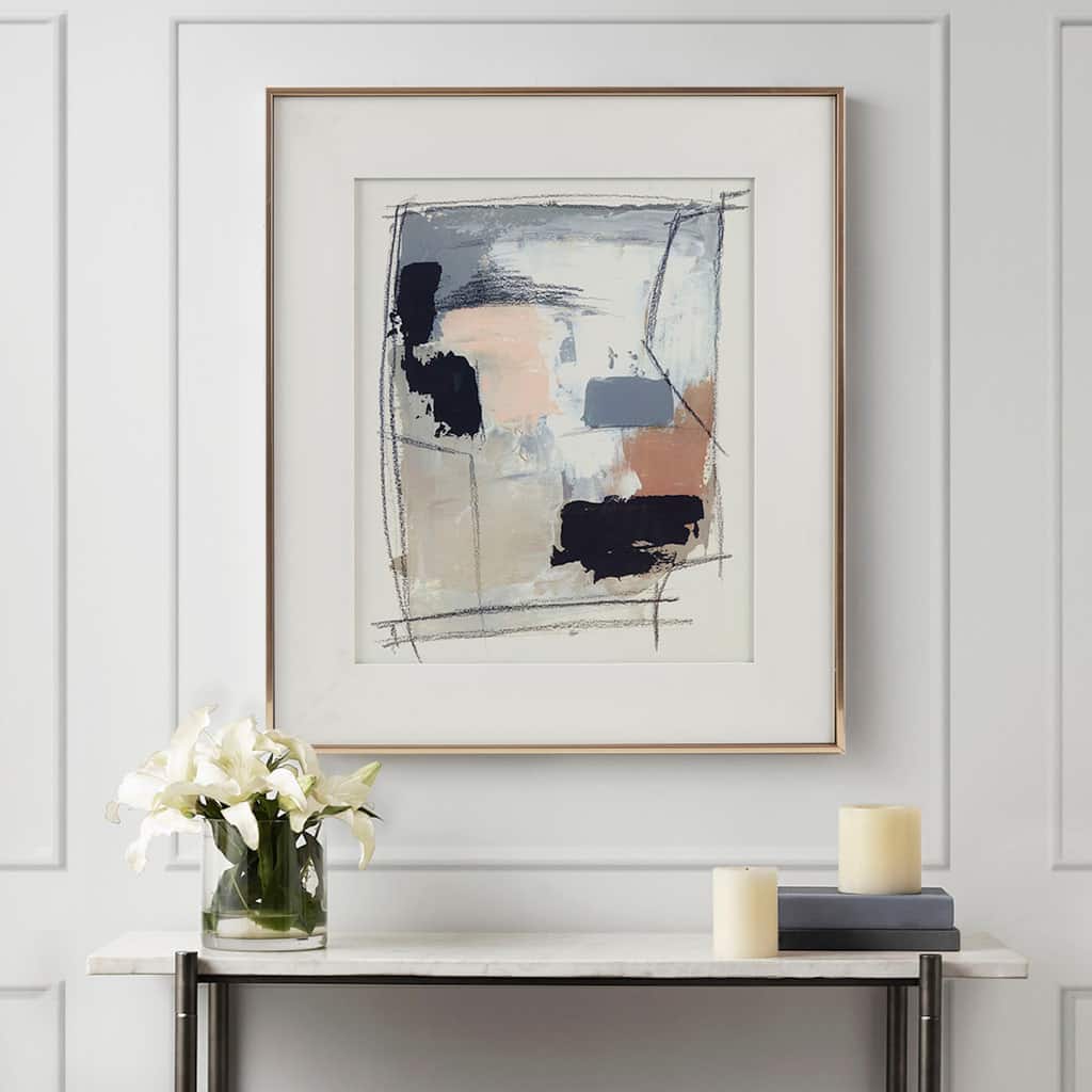 Roomfitters 32" Modern Abstract Framed Glass Wall Art, Neutral Gray and Blush Gallery Matted Print for Living Room Decor