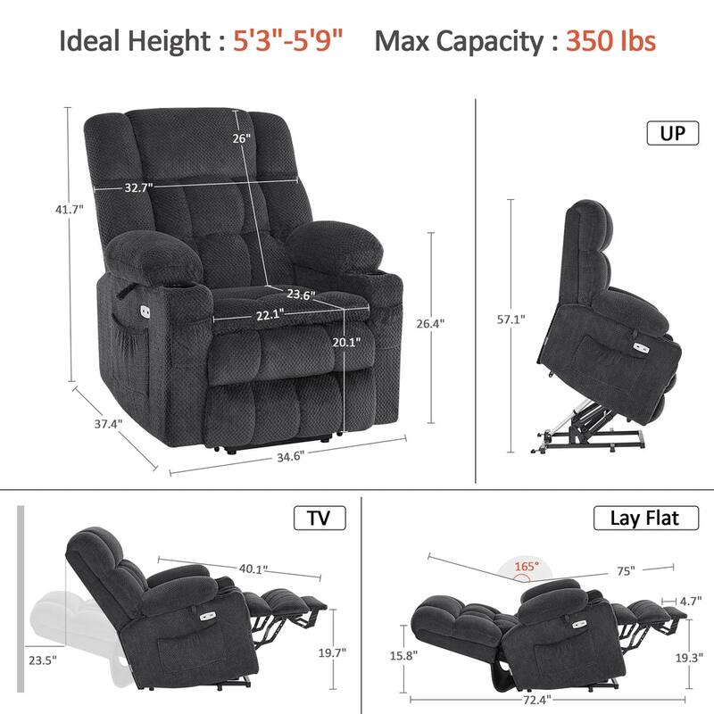 MCombo Medium Dual Motor Power Lift Recliner Chair Infinite Position, Massage and Heat, Extended Footrest, Fabric 7890