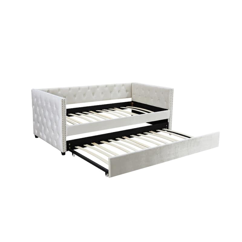 Velvet Upholstered Wooden Daybed with Trundle