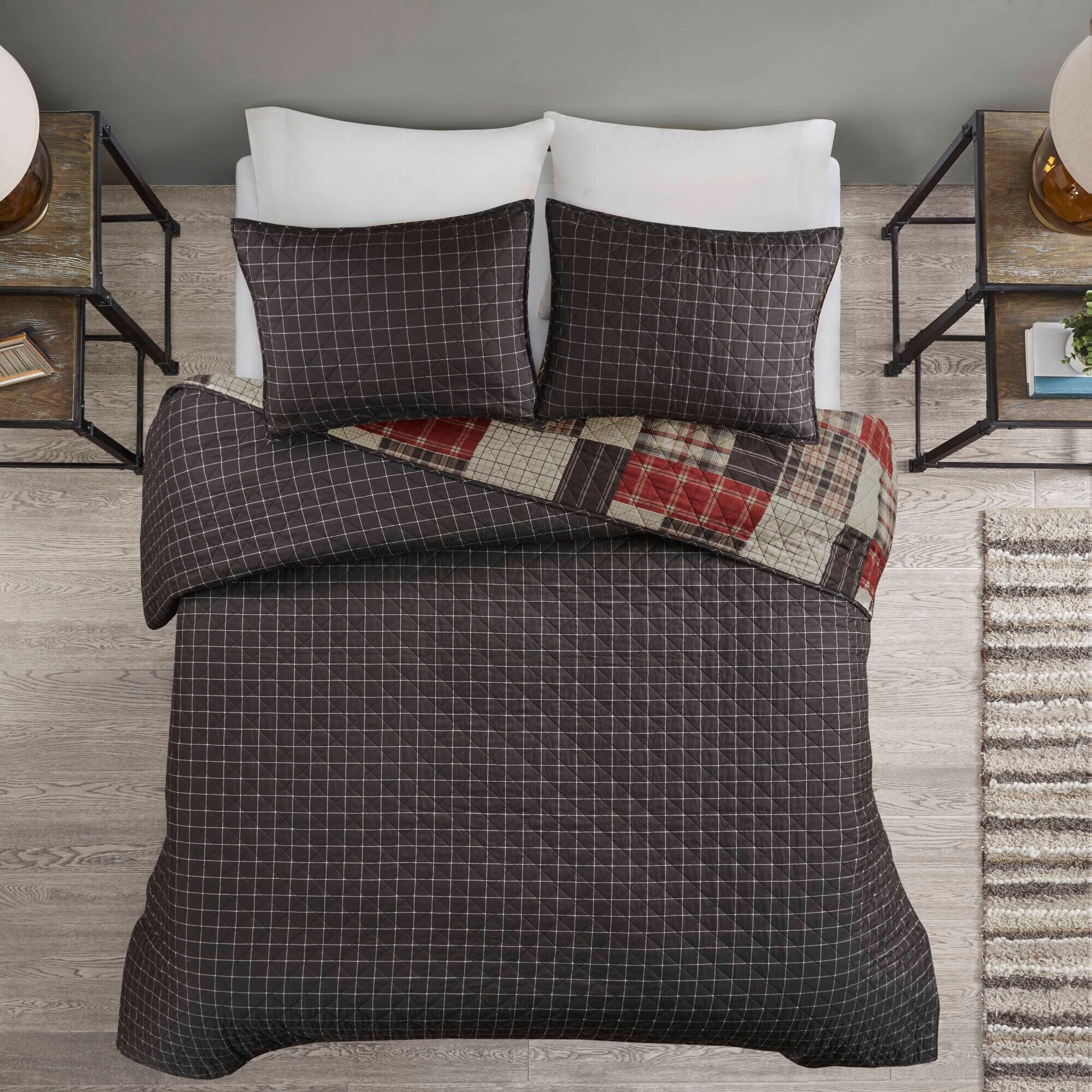 Madison Park Heavenly 3 Piece Reversible Printed Quilt Set Red Black Queen