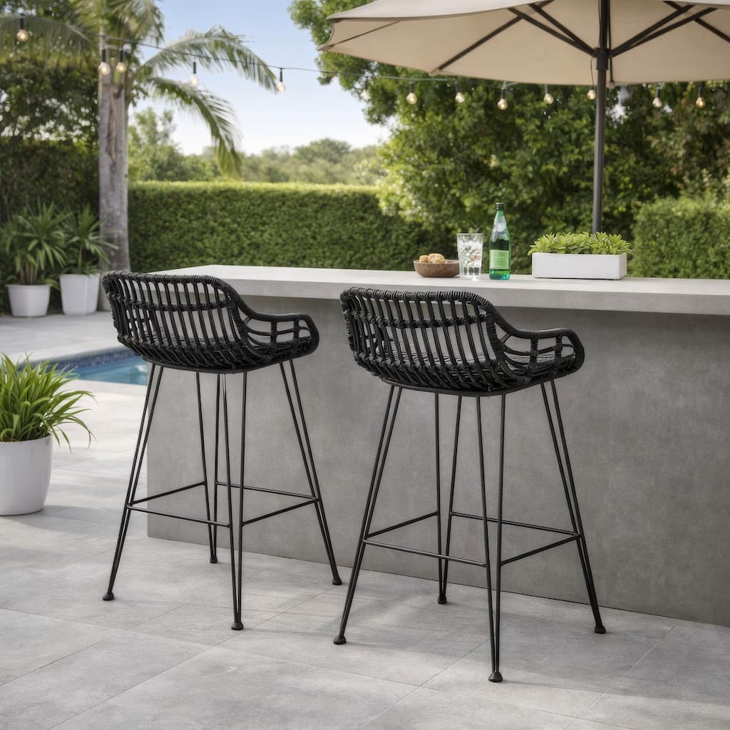 Outdoor Barstool Chair Set of 2, Low Back Woven Design, Gray and Black
