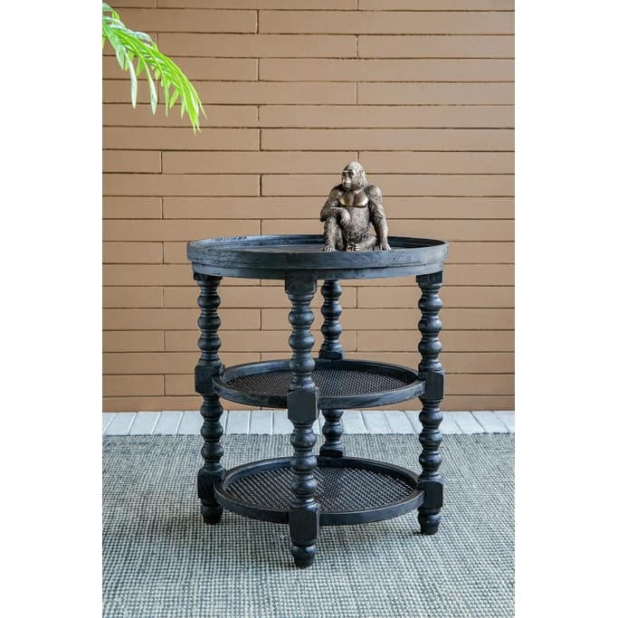 GDFStudio - Jonah Traditional Three-Tier Side Table with Rattan Shelves and Turned Wood Legs - 25.6"