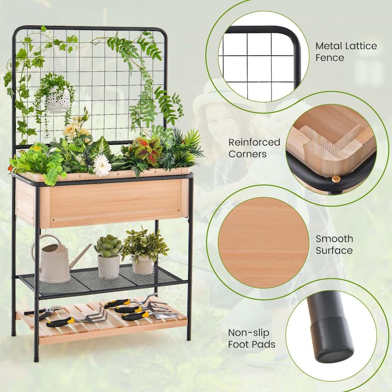 Costway 59" Raised Wooden Garden Bed with Metal Trellis Open Storage - See Details