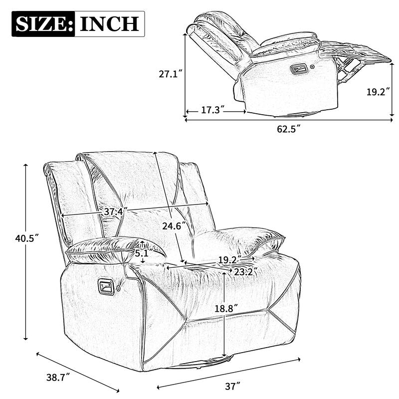 PU Swivel Rocker Recliner with LED Light, Manual Recliner Chair for Home Theater, Soft Upholstered Single Sofa Chair
