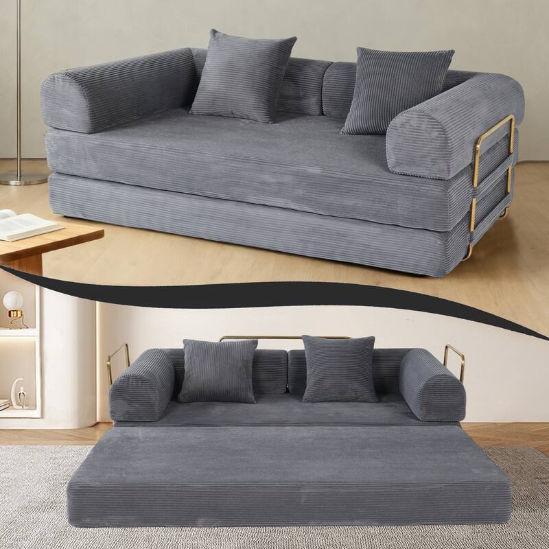2-in-1 Convertible Floor Sofa Bed, Foldable Compressed Loveseat Lounge, Faux Fur Upholstered Cloud Boneless Couch with 2 Pillows