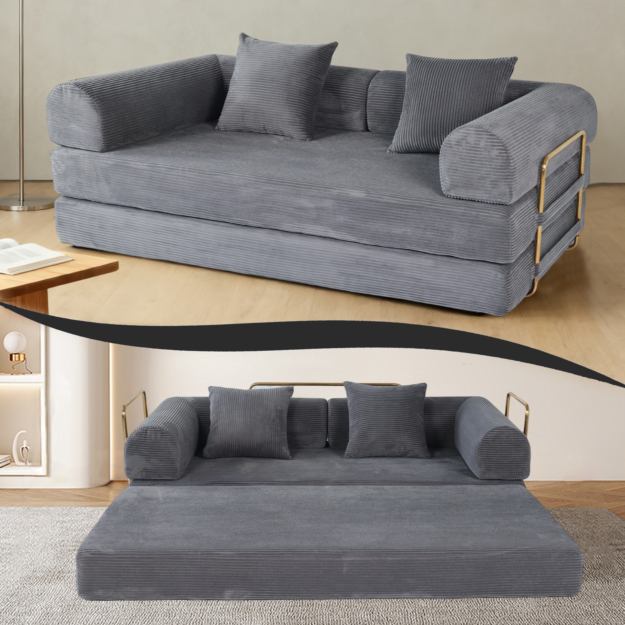 75 Inch 2-in-1 Memory Foam Foldable Convertible Compressed Sleeper Sofa Bed w/ 2 Pillows for Living Room