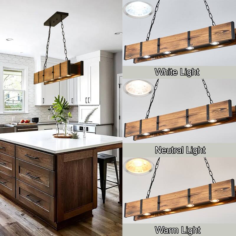 Rustic Farmhouse Chandelier Wood Hanging Light LED 3 Color Dimmable - 39.37x4.72x5.51in