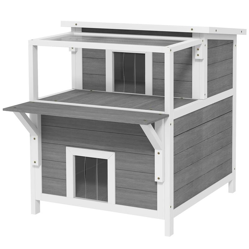 Fir Wood Cat House Indoor Outdoor With Balcony And Observation Window - 25.2" W x 34.3" D x 29.9" H