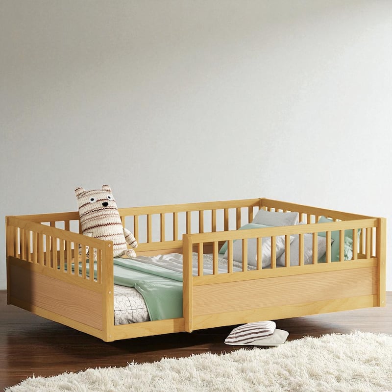Twin/Full Montessori Floor Bed with High Fence & Open Door, Solid Pine, Playroom/Bedroom, No Box Spring