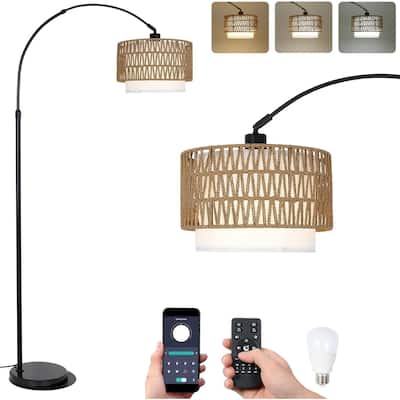 Arc Floor Lamp with Remote,Height Adjustable LED Floor Lamp with Dimmable Bulb,Standing lamp with Fabric & Rattan Lampshades