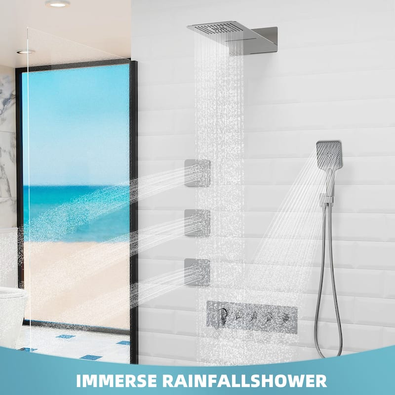 GIVINGTREE Luxury 4 Spray Patterns Thermostatic 23" Wall Mounted Rainfall Dual Shower Head With 3 Spray Heads（valve Included)