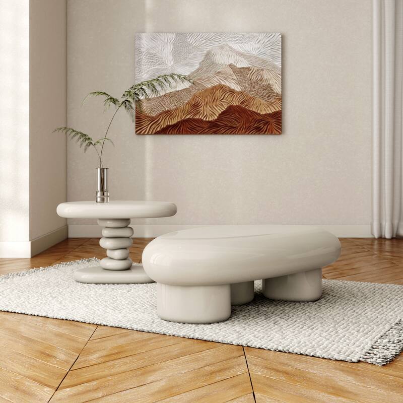 24/7 Shop At Home Modern 2-Piece Oval Glossy Low Profile Coffee Table Set - Ivory