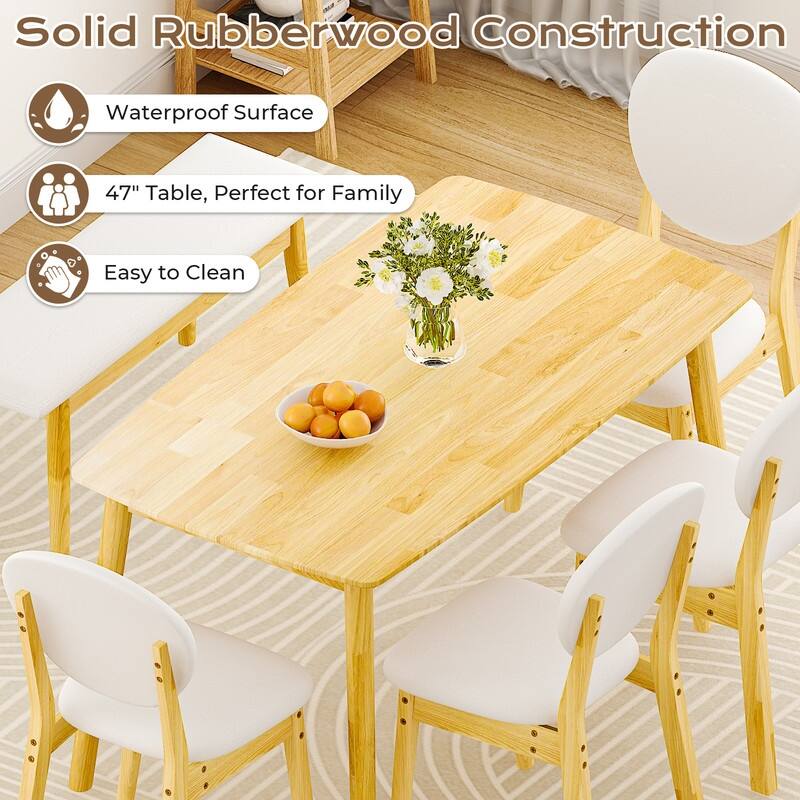 47''Dining Table Set For 6, Solid Wood Kitchen Table With Bench And 4 Chairs With upholstered Backrest