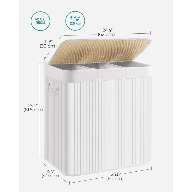 Laundry Hamper, 39.6 Gallons (150L),3-Section Laundry Basket, Laundry Hamper with Lid, Bamboo,Removable & Machine Washable Liner