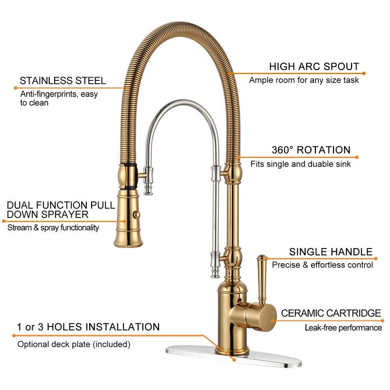 WOWOW Single Handle Gooseneck Pull Down Sprayer Kitchen Faucet