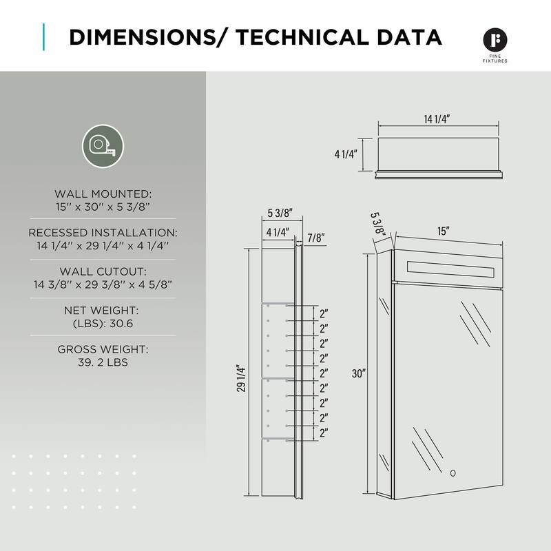 Bathroom Medicine Cabinet, Aluminum, Recessed/Surface Mount, Mirrored Interior w/LED