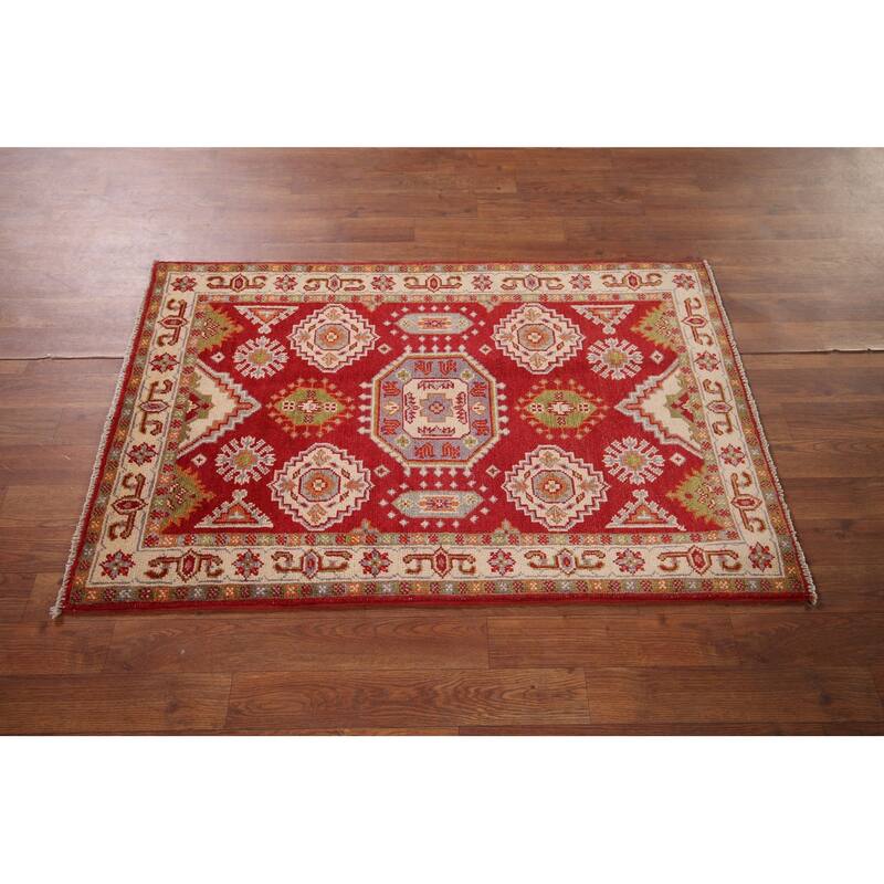 Geometric Red Kazak Accent Rug Hand-Knotted Oriental Wool Carpet - 2'7" x 4'1"
