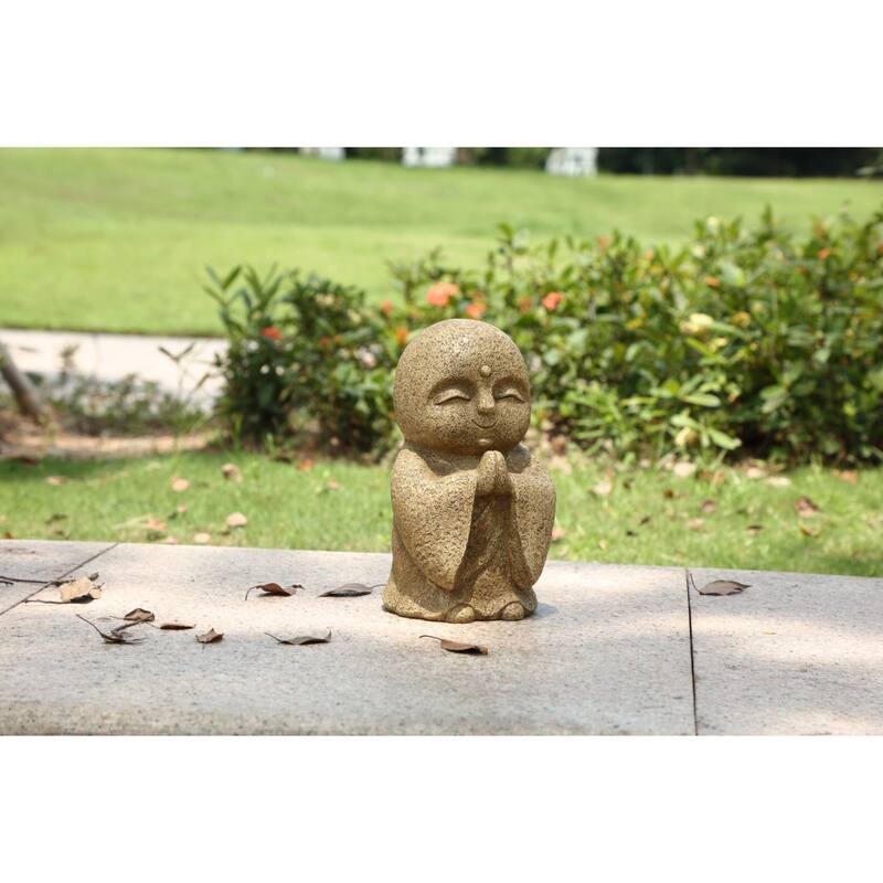 Lucky Japanese Jizo Praying Outdoor Garden Statue - 10.25" - Brown