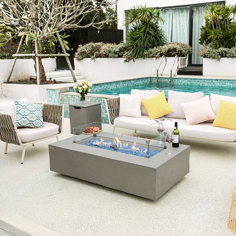 Elementi Plus Meteora Outdoor Fire Pit Table Concrete Rectangular 60000 BTU - 55.9 x 31.9 inches with Lid, Fire Glass, and Cover
