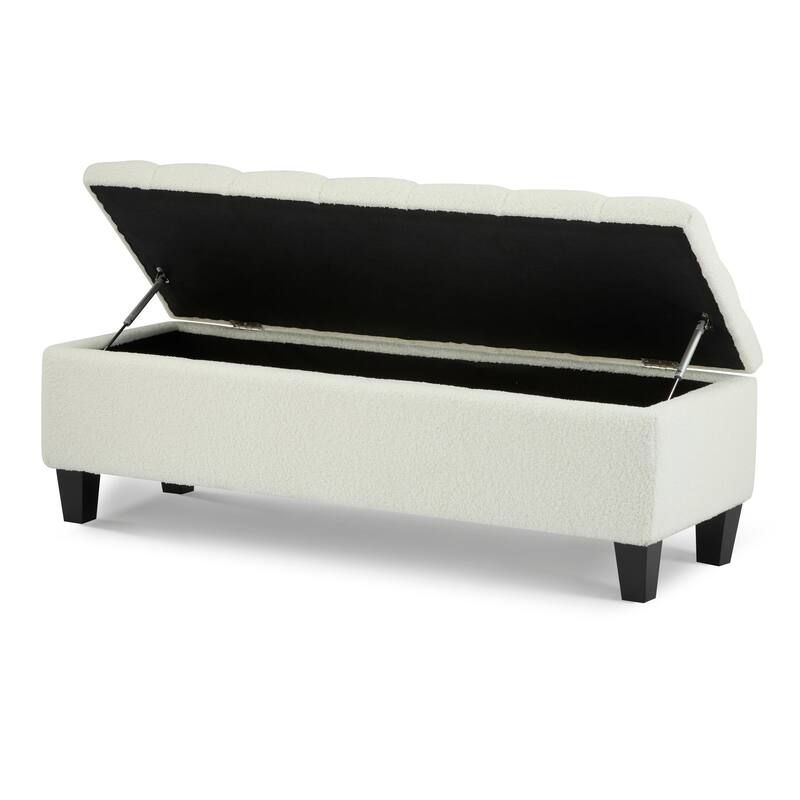 Boucle Fabric Storage Ottoman Bench, Wooden Rectangular Entryway Bench, End of Bed Bench with Smart Hinges & Rubber Wood Legs