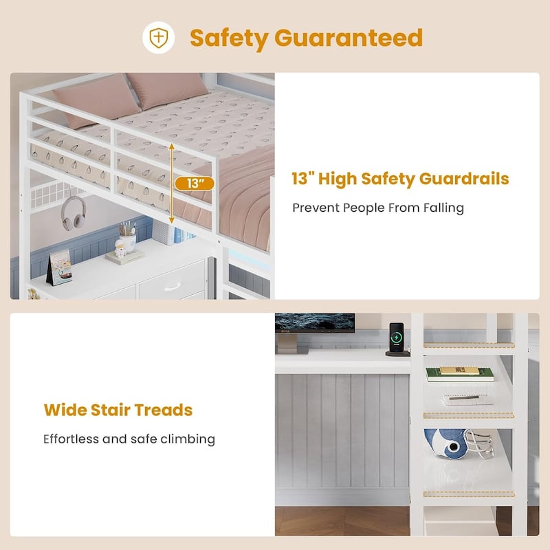 Loft Bed with Full Size U-Shaped Desk 6 Drawers Power Outlet 2 Storage Shelves