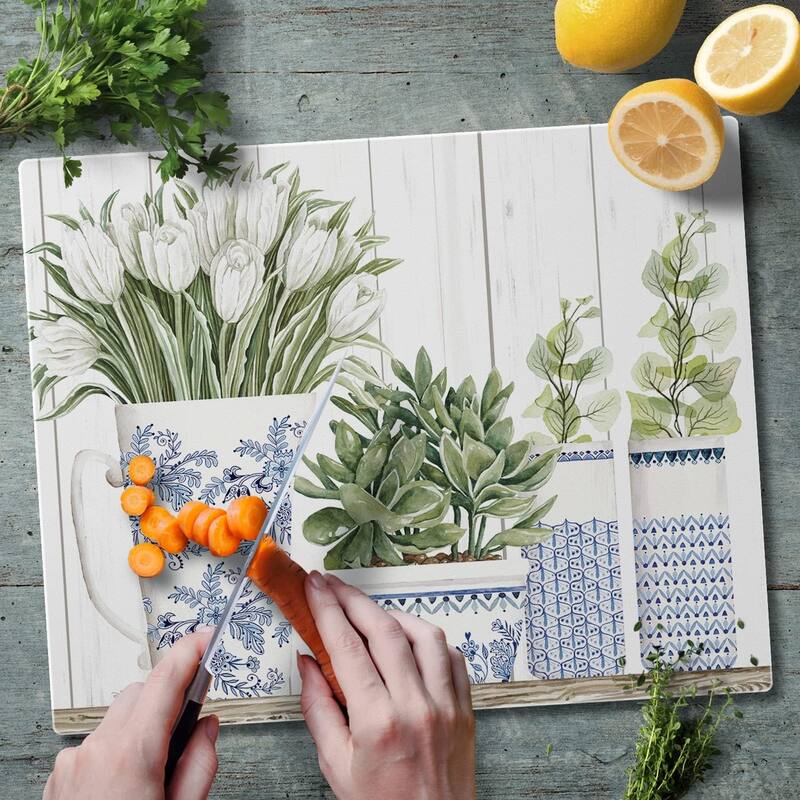 Blue & White Pottery 3mm Heat Tolerant Tempered Glass Cutting Board 15” x 12” Manufactured in the USA Dishwasher Safe