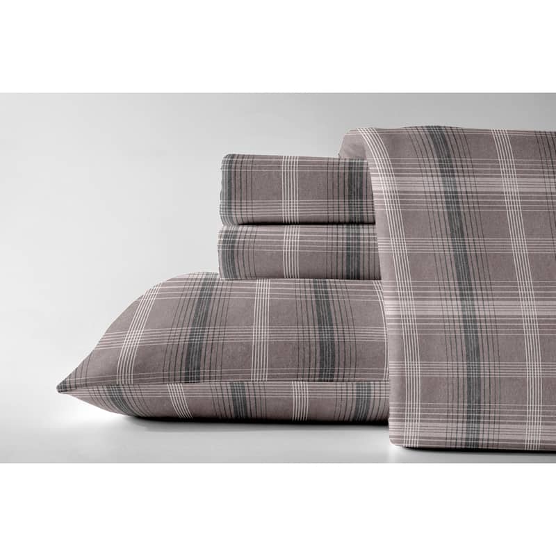 Dormisette Luxury German Flannel 6-Ounce Bed Sheet Set - Charcoal Brown Lentil Plaid - King