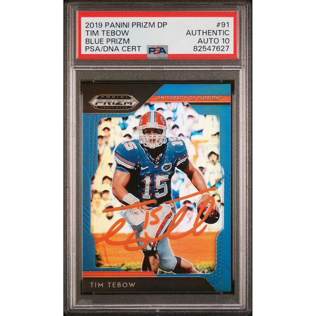Tim Tebow 2019 Panini Prizm Blue Signed Football Card #91 Auto Graded PSA 10 - 8'6" x 11'6"