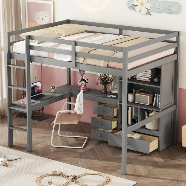 slide 2 of 26, Full Size High Loft Bed with Underbed Bookcase L-shape Desk Storage Shelves Drawers Loft Wood Bed Frame with Ladder Guardrails Grey - Full