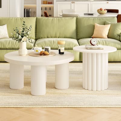 Modern Coffee Table Set Of 2, Round Coffee Table With Cylindrical Leg Design And 1 End Table For Living Room