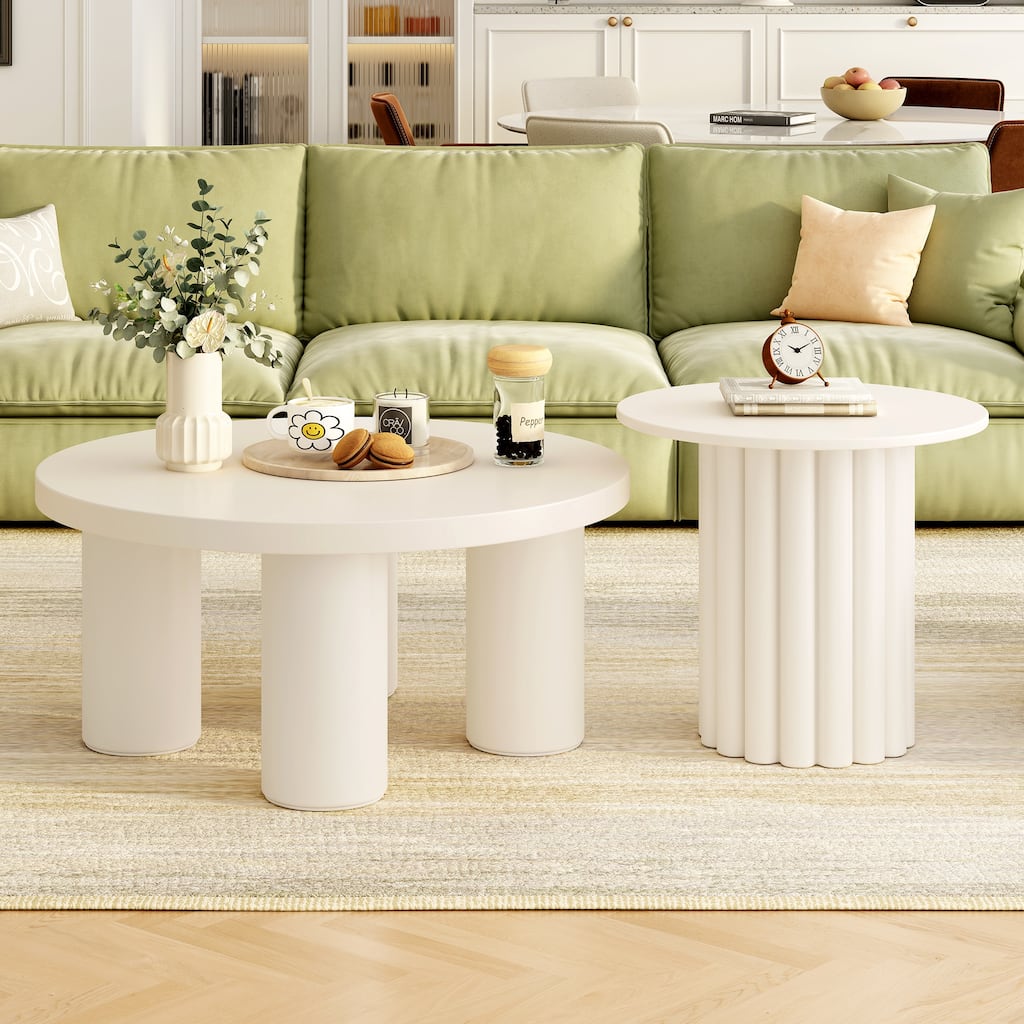 Modern Coffee Table Set of 2, Round Coffee Table with Cylindrical Leg Design and 1 End Table for Living Room