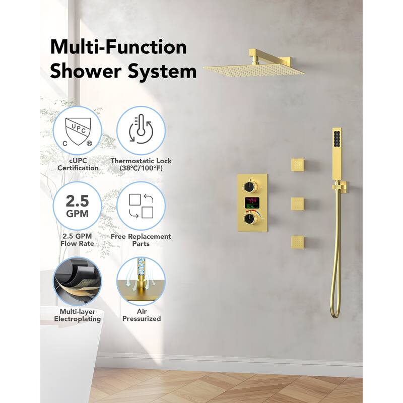Wall-Mounted Shower Fixture System 12 in Rain Shower Head LCD Digital Thermostatic Valve Shower Faucet Set with 3 Body Jets