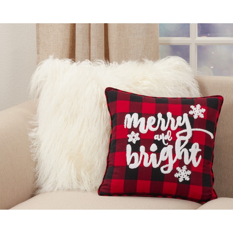 Buffalo Plaid Pillow With Merry and Bright Design - Polyester