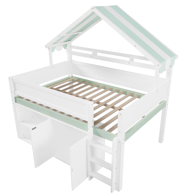 GDFStudio - Solid Wood Full Size Loft Bed with Canopy & Storage Cabinet