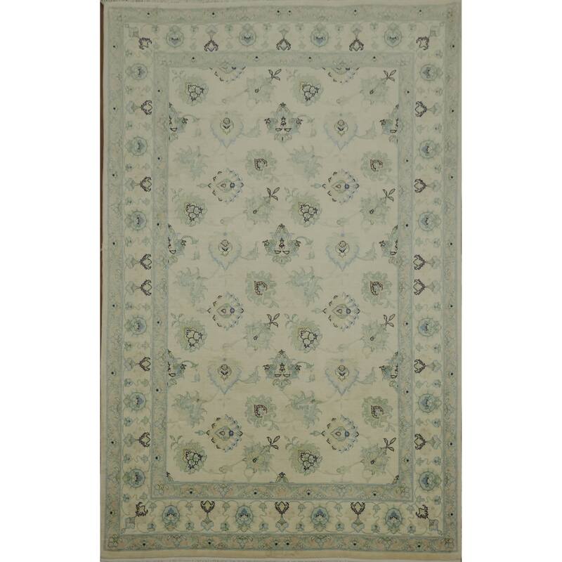 Hand Knotted Oriental Wool & Silk Carpet Traditional All-Over Beige & Ivories Tabriz Area Rug - 9' 10'' X 6' 4''