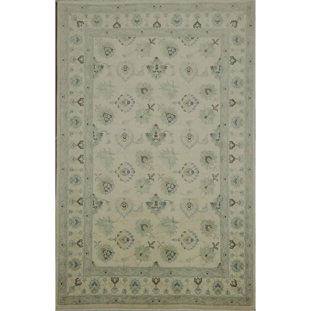 Hand Knotted Oriental Wool & Silk Carpet Traditional All-Over Beige & Ivories Tabriz Area Rug - 9' 10'' X 6' 4''