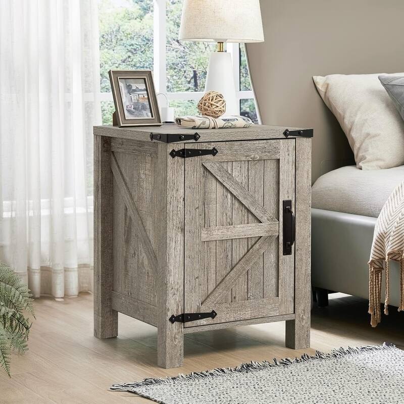 Farmhouse Wood Nightstand with Charging Station, End Table, Side Table
