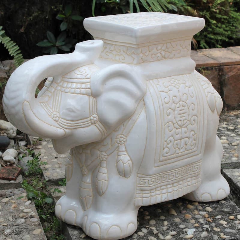 International Caravan Large Porcelain Elephant Stool - Ivory Wash
