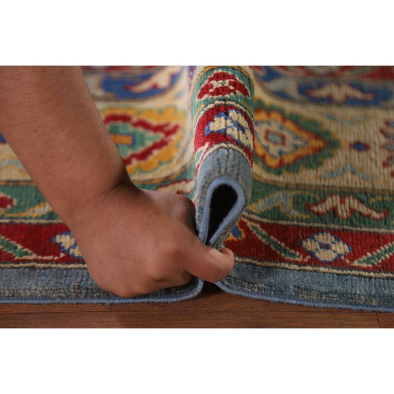 Hand Knotted Oriental 100% Wool Carpet Traditional Geometric Navy Blue & Blues Kazak Area Rug - 9' 6'' X 6' 8''