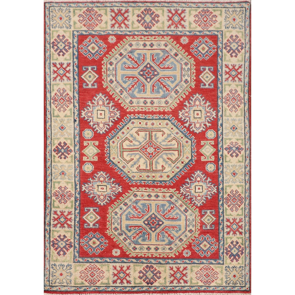Geometric Kazak Oriental Accent Rug Handmade Red Wool Carpet - 3'5" x 4'11"