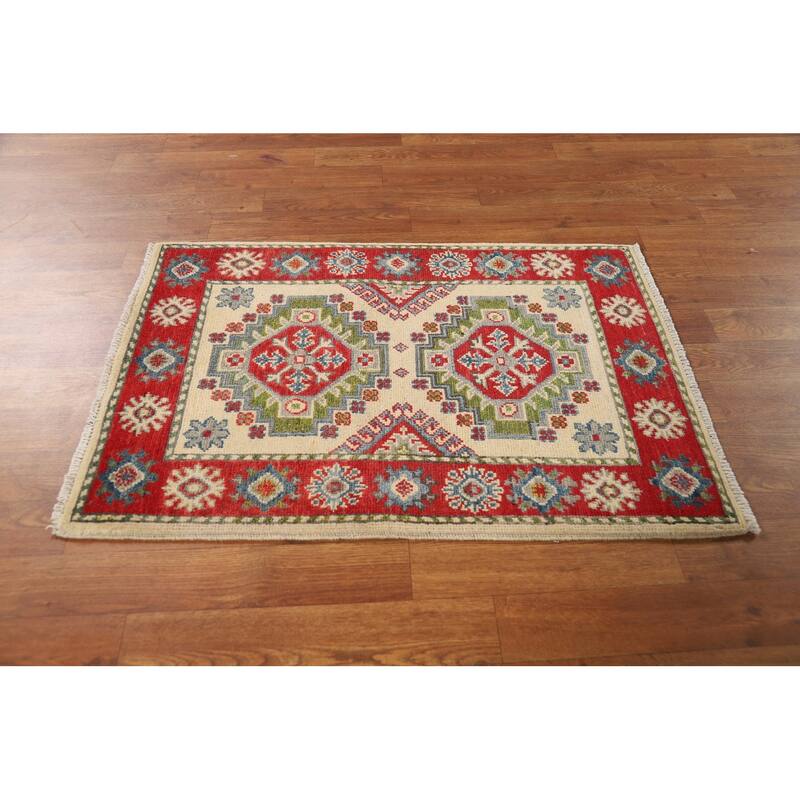 Ivory & Red Geometric Kazak Oriental Foyer Rug Handmade Wool Carpet - 2'0"x 3'0"