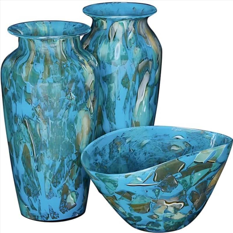 Aria Home Teal and Olive Handblown Glass Bowl and Vase Decor Set of 3 - Green