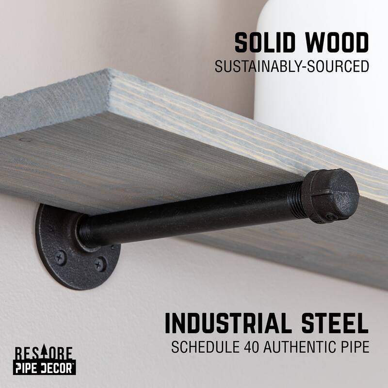 PIPE DECOR 36" Solid Wood Wall Shelves with Rustic Black Industrial Steel Pipe Brackets, Set of 2