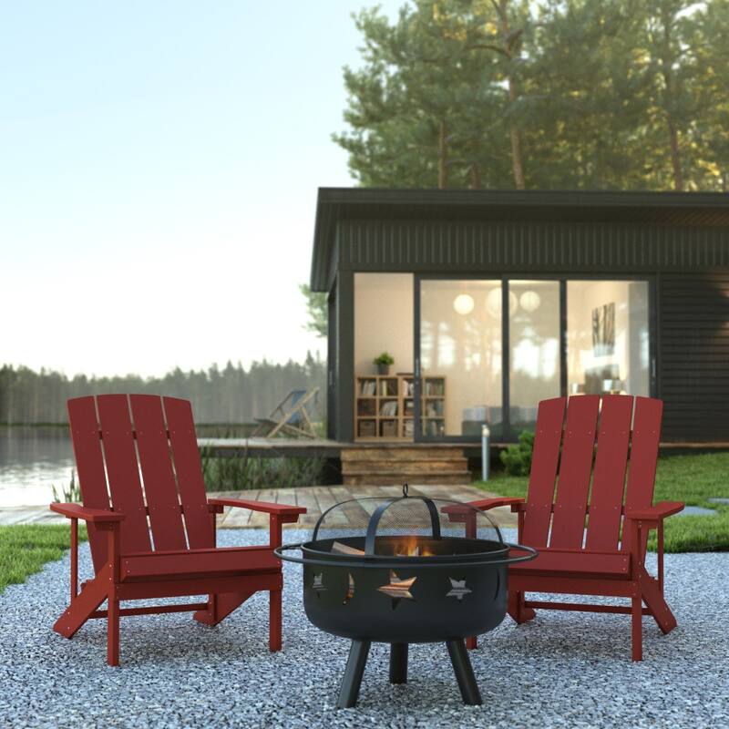 Star and Moon Fire Pit with Mesh Cover & 2 Poly Resin Adirondack Chairs - Red