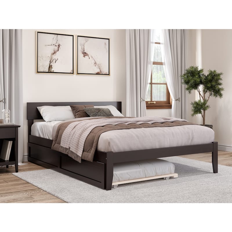 Twin XL Bed with Trundle - HomeStock Espresso Finish - Modern Panel Headboard - Durable Wood Frame