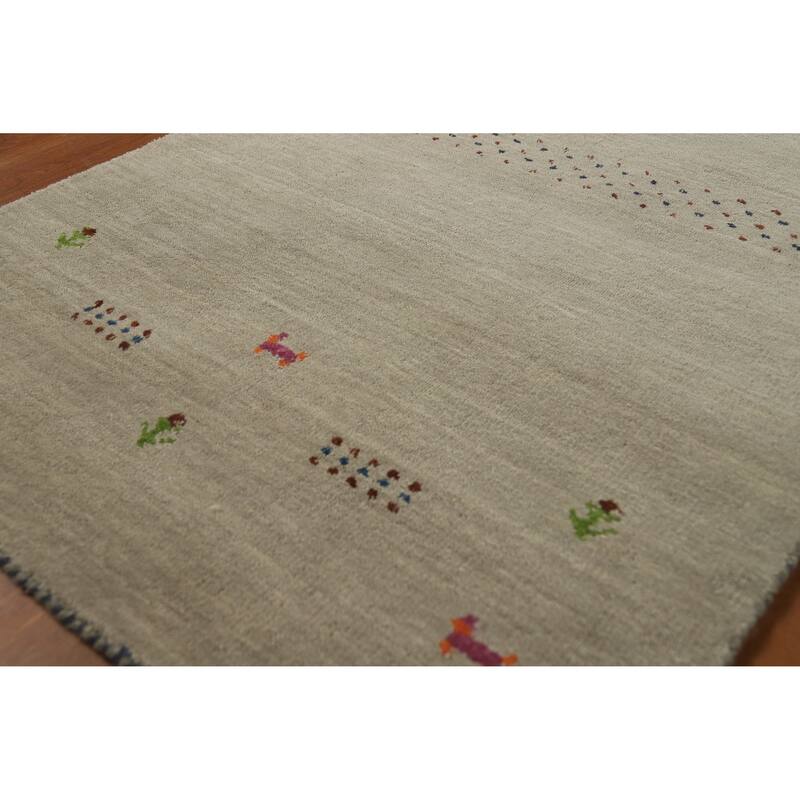 Hand Knotted Oriental 100% Wool Carpet Tribal Animal Pictorial Green Gabbeh Area Rug - 4' 11'' X 3' 0''
