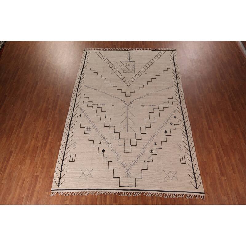 Geometric Ivory Moroccan Oriental Area Rug Handmade Wool Carpet - 9'0"x 13'3"