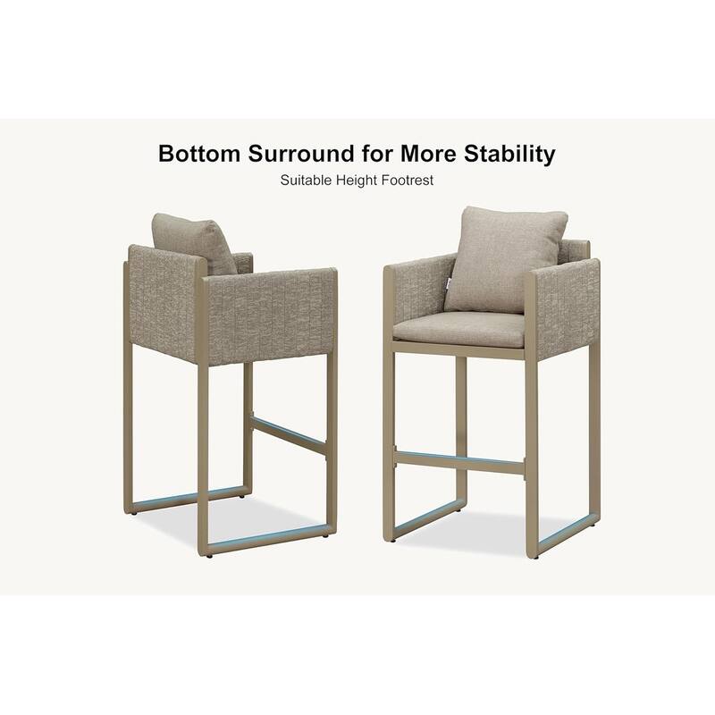 PURPLE LEAF Bar Stool Set of 2 Outdoor Rattan Bar Chair with Back Metal Bar Height Stool Wicker Barstool Dark Grey