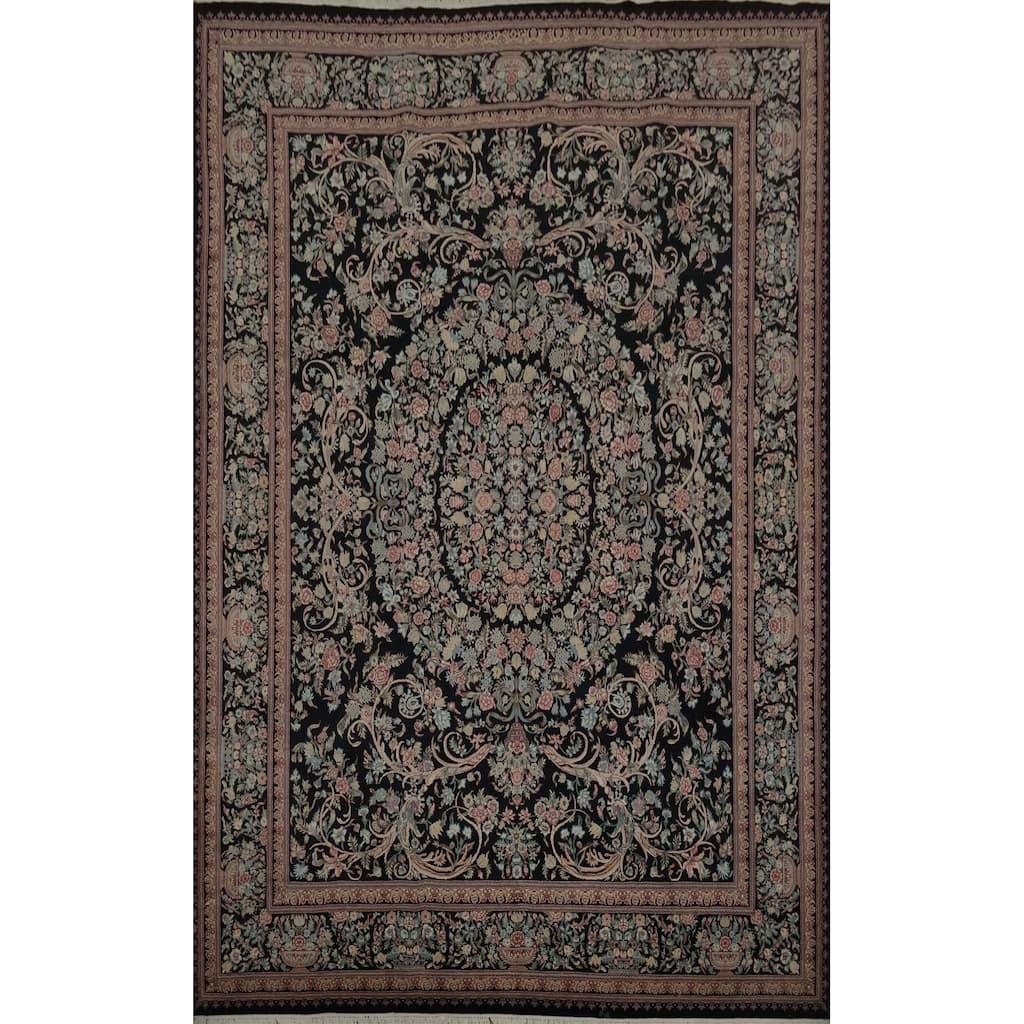 Hand Knotted Oriental 100% Wool Carpet Traditional Floral Black Aubusson Area Rug - 12' 4'' X 9' 0''
