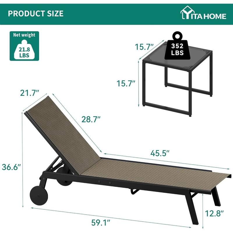 2 Patio Outdoor Textile Chaise Lounge Chairs with Side Table for Yard, Beach, Lawn, Porch, Garden